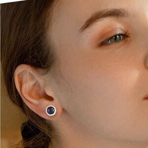 7mm Silver Toned Black Stud Earrings